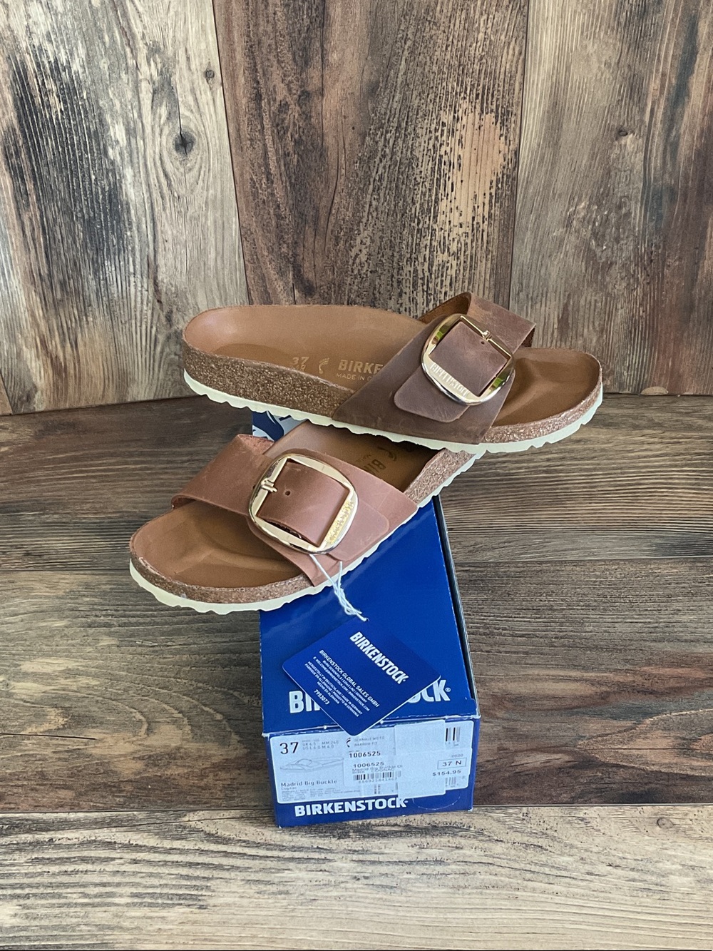Birkenstock Madrid Big Buckle Cognac Two-Strap Sandals 37  NIB